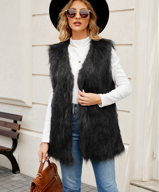 Women's Faux Fur Sleeveless Open Front Solid Grey Winter Vest Black