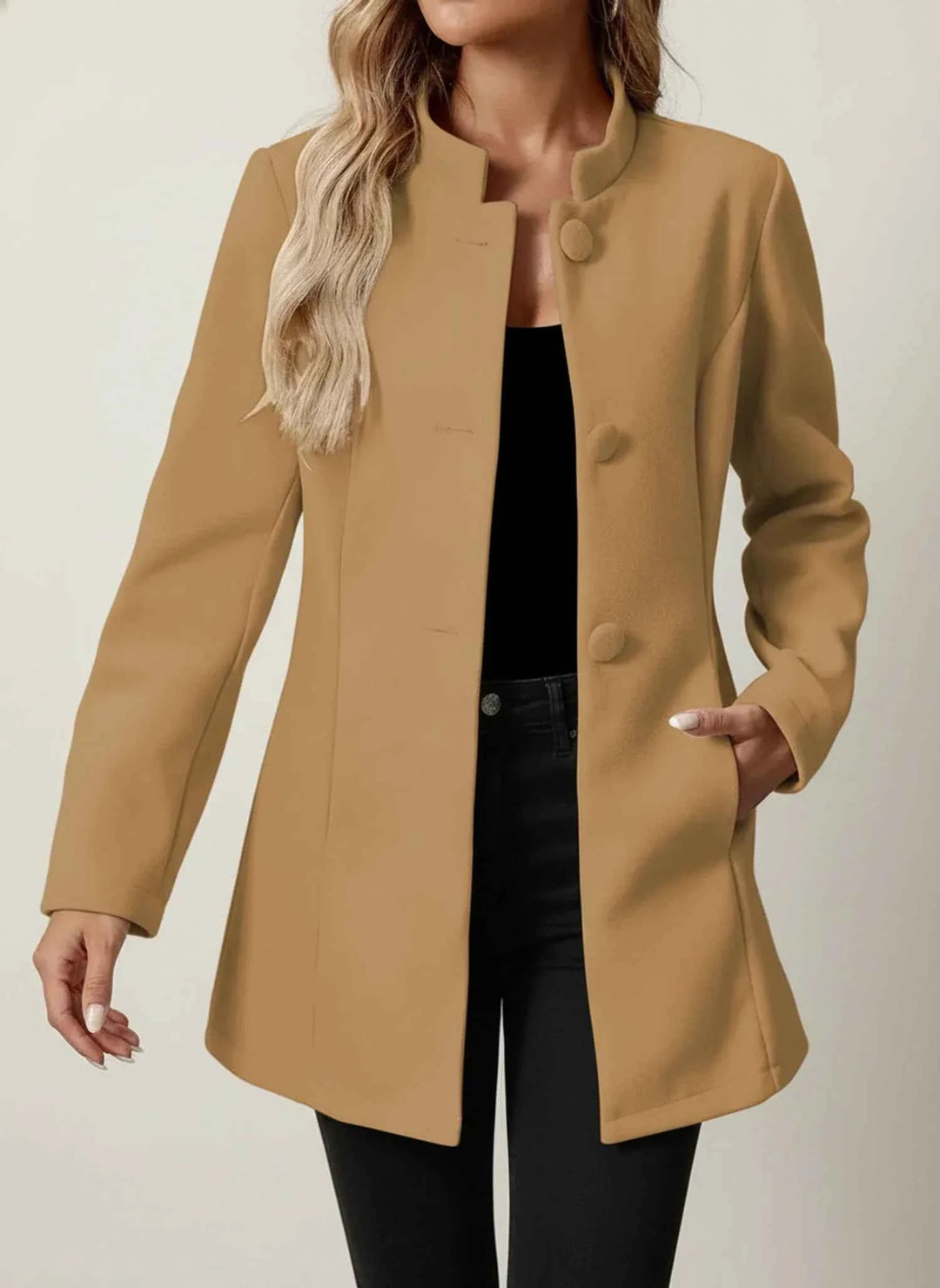 Women's Mandarin Collar A-Line Jacket Camel
