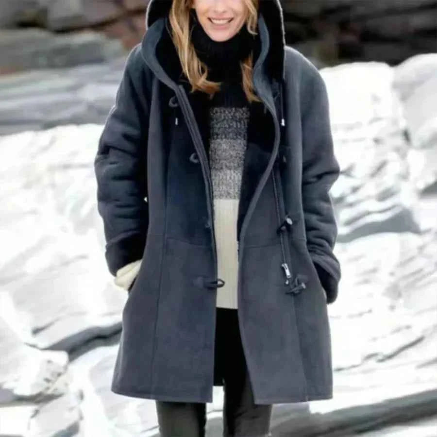 Women's Mid-Length Hooded Coat – Suede Look with Fleece Lining – Relaxed Fit Navy Blue