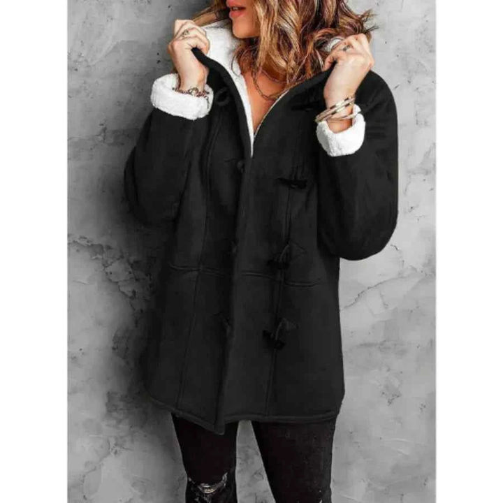 Women's Mid-Length Hooded Coat – Suede Look with Fleece Lining – Relaxed Fit Black