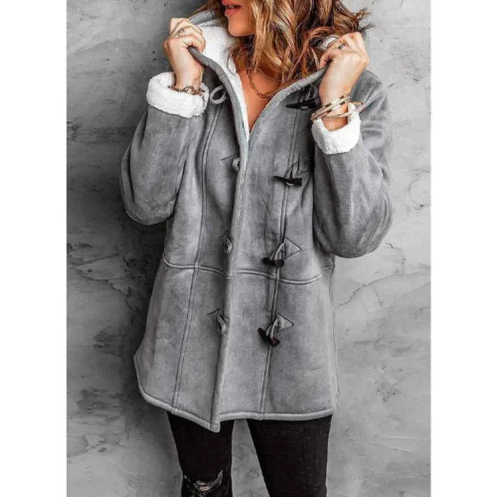 Women's Mid-Length Hooded Coat – Suede Look with Fleece Lining – Relaxed Fit Grey