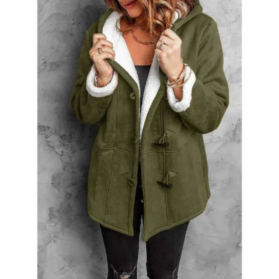 Women's Mid-Length Hooded Coat – Suede Look with Fleece Lining – Relaxed Fit Army Green