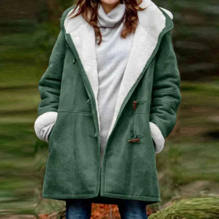 Women's Mid-Length Hooded Coat – Suede Look with Fleece Lining – Relaxed Fit Green