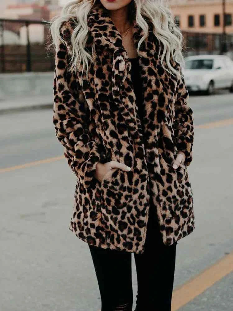 Women's Mid-Length Leopard Print Faux Fur Coat - Relaxed Fit Chic Style