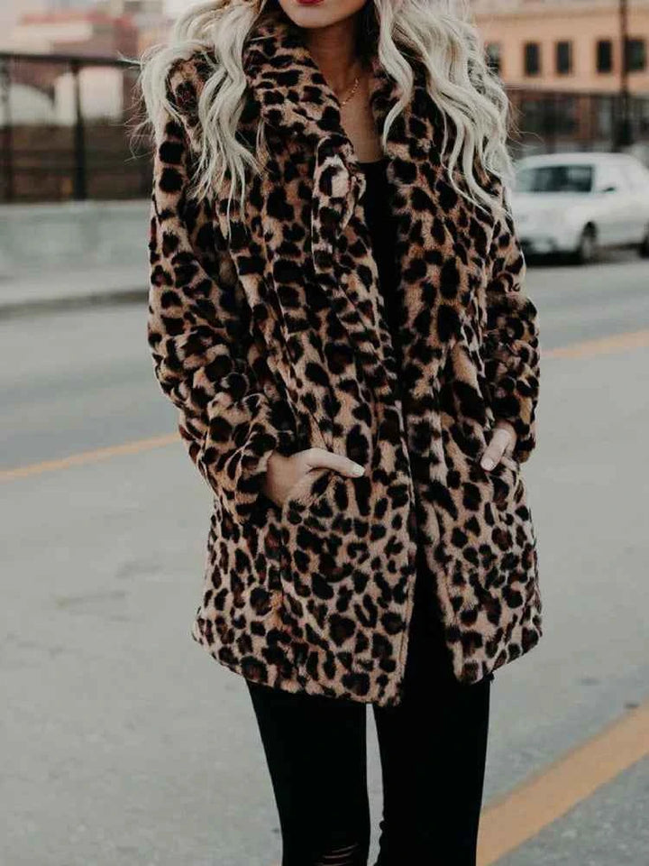 Women's Mid-Length Leopard Print Faux Fur Coat - Relaxed Fit Chic Style