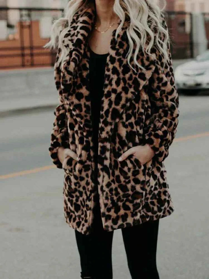 Women's Mid-Length Leopard Print Faux Fur Coat - Relaxed Fit Chic Style