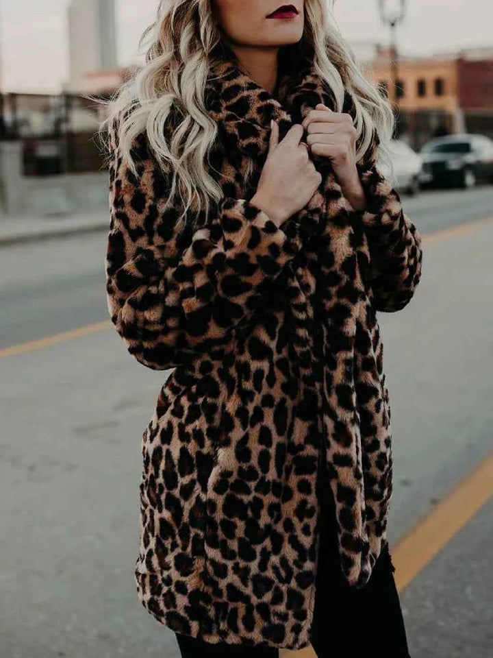 Women's Mid-Length Leopard Print Faux Fur Coat - Relaxed Fit Chic Style