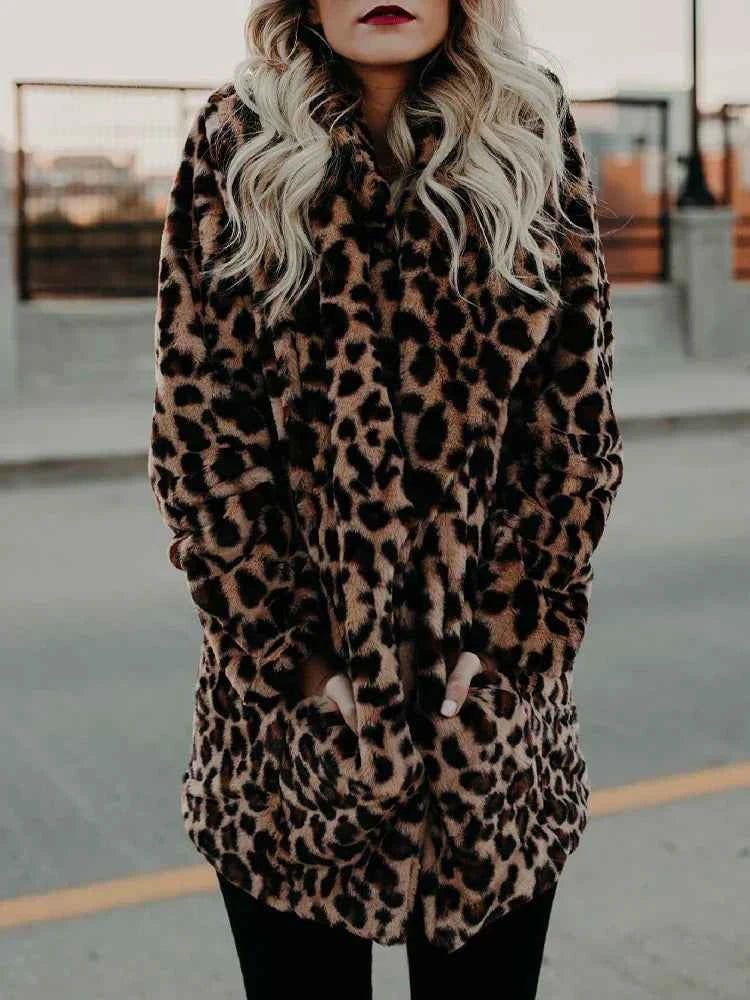 Women's Mid-Length Leopard Print Faux Fur Coat - Relaxed Fit Chic Style Leopard