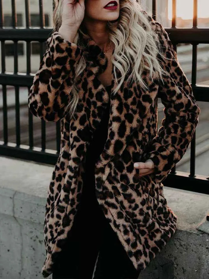 Women's Mid-Length Leopard Print Faux Fur Coat - Relaxed Fit Chic Style