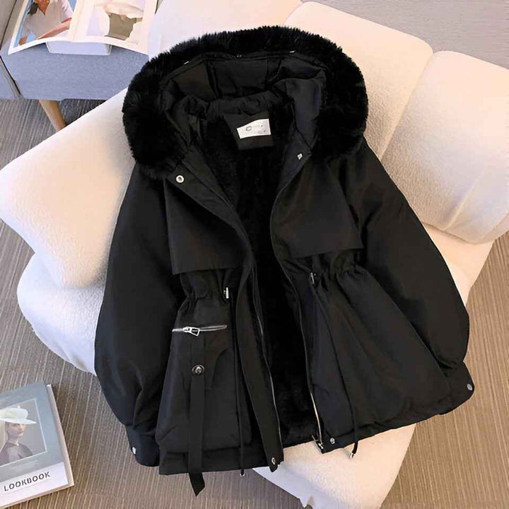Women's Mid-Length Tailored Coat with Faux Fur Hood and Puff Sleeves Black