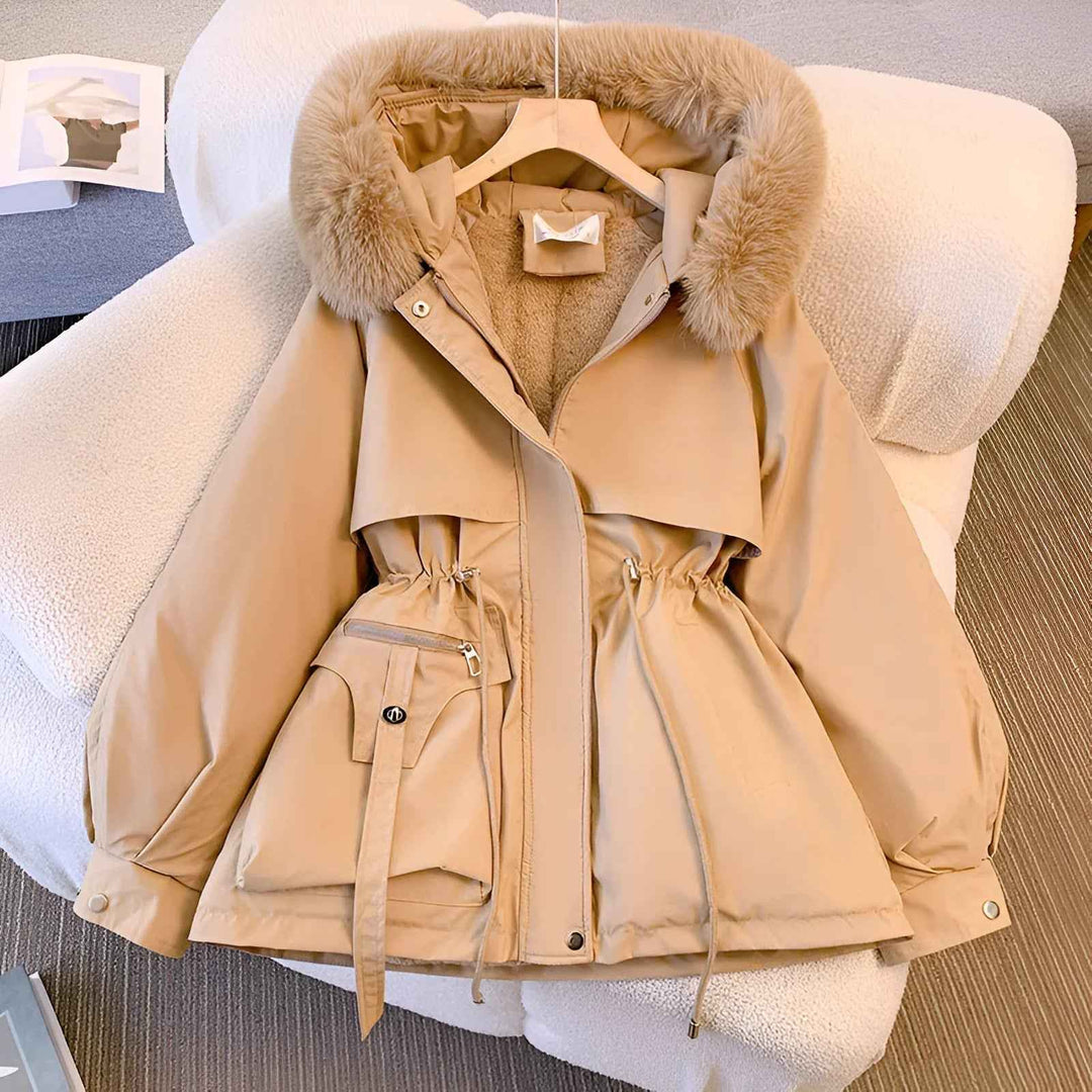 Women's Mid-Length Tailored Coat with Faux Fur Hood and Puff Sleeves Khaki