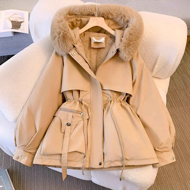 Women's Mid-Length Tailored Coat with Faux Fur Hood and Puff Sleeves Khaki