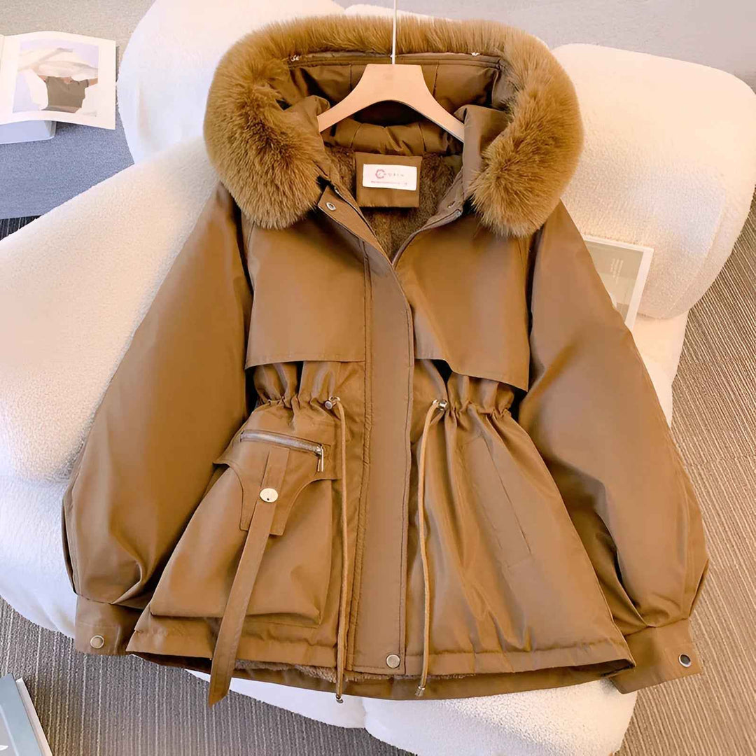 Women's Mid-Length Tailored Coat with Faux Fur Hood and Puff Sleeves Brown