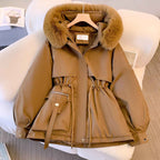 Women's Faux Fur Mid Length Hood Solid White Winter Coat Brown