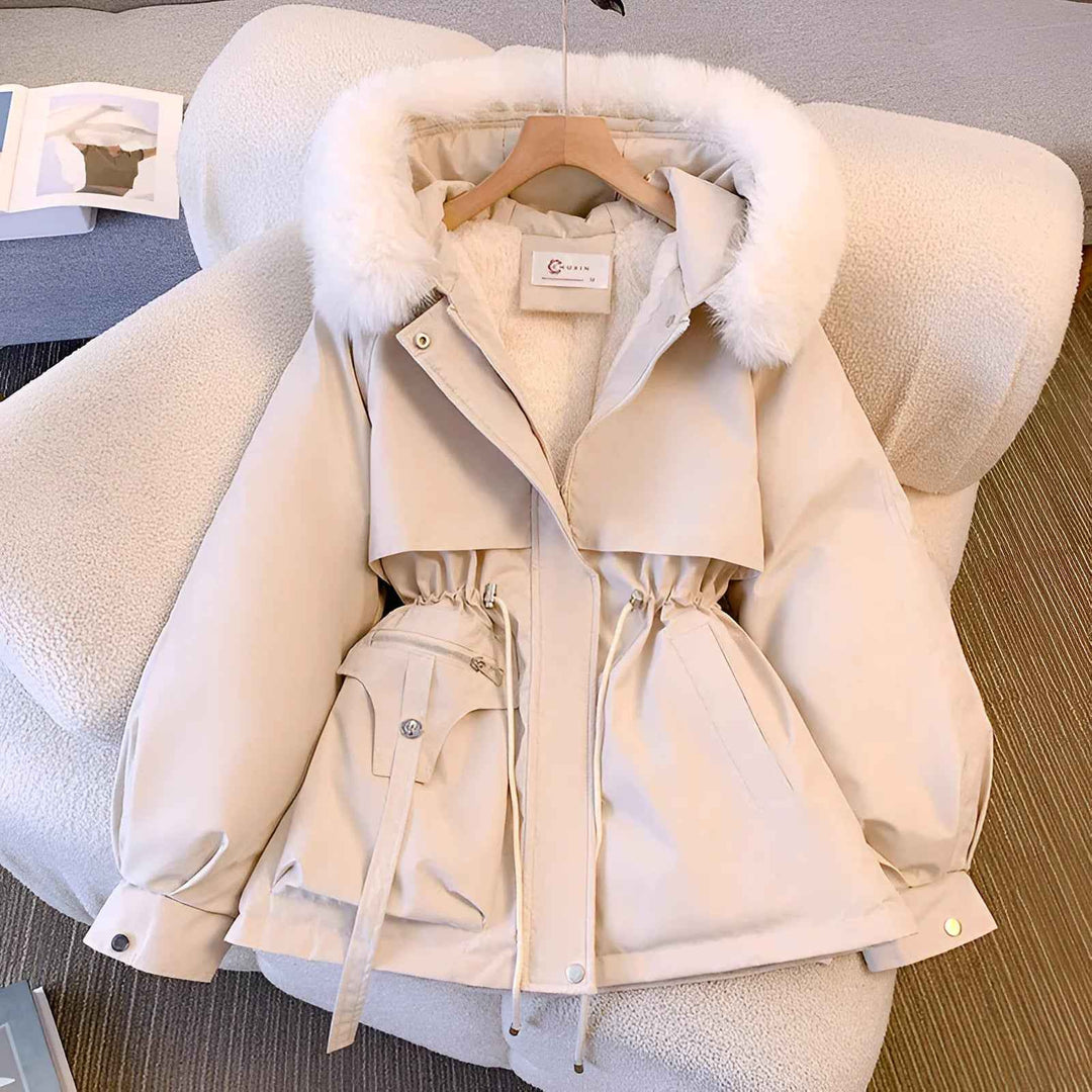 Women's Mid-Length Tailored Coat with Faux Fur Hood and Puff Sleeves White