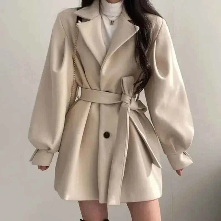 Women's Mid-Length Wool Blend Trench Coat – Tailored Fit with Belt and Wide Lapels Beige