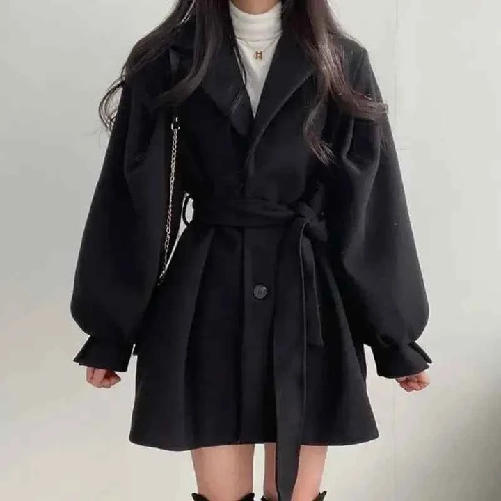 Women's Mid-Length Wool Blend Trench Coat – Tailored Fit with Belt and Wide Lapels Black
