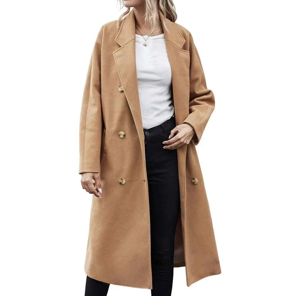 Women's Mid-Length Wool Coat – Relaxed Fit – Double-Breasted Classic Style