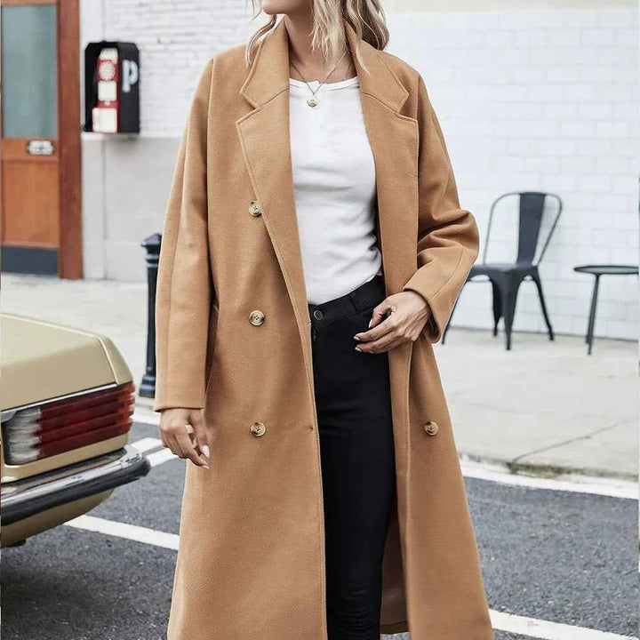 Women's Mid-Length Wool Coat – Relaxed Fit – Double-Breasted Classic Style Camel