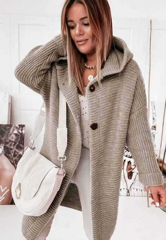 Women's Wool Blend Hooded Mid Length Single Button Cardigan Khaki