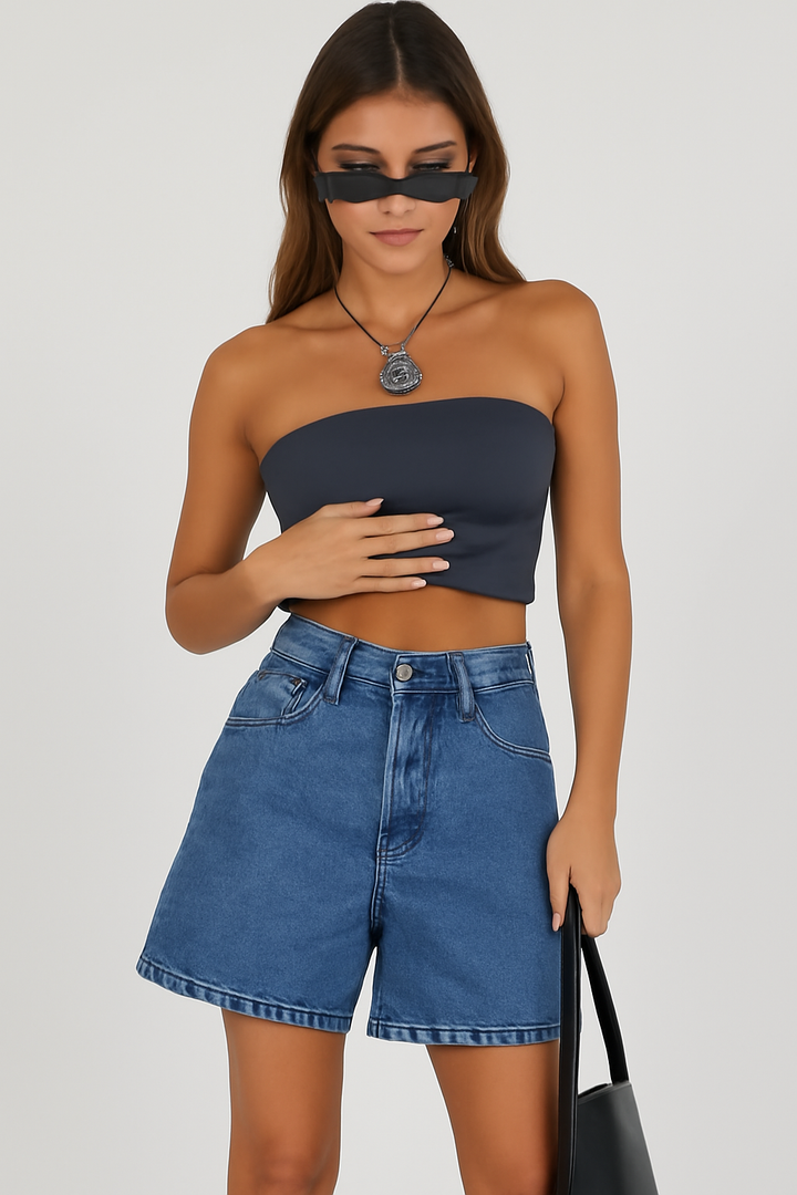 Women's Mid-Rise Relaxed Fit Denim Shorts with Five Pockets – Casual Style Dark Blue