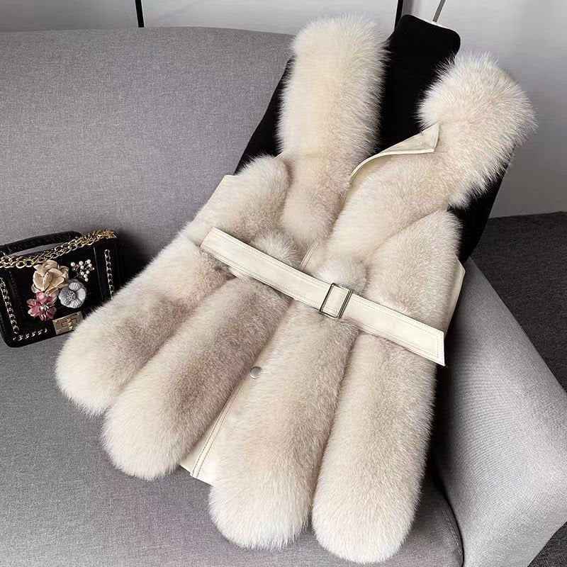 Women's Mid-Thigh Length Fur Trim Collared Belted Vest