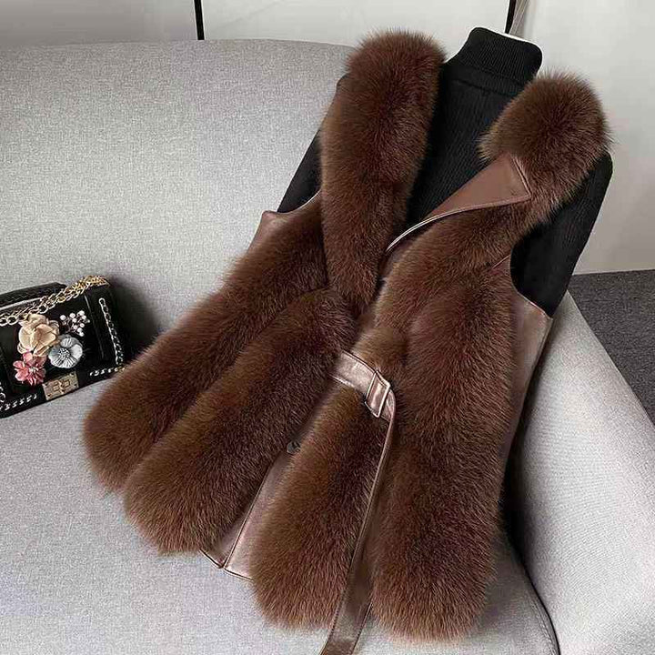 Women's Mid-Thigh Length Fur Trim Collared Belted Vest