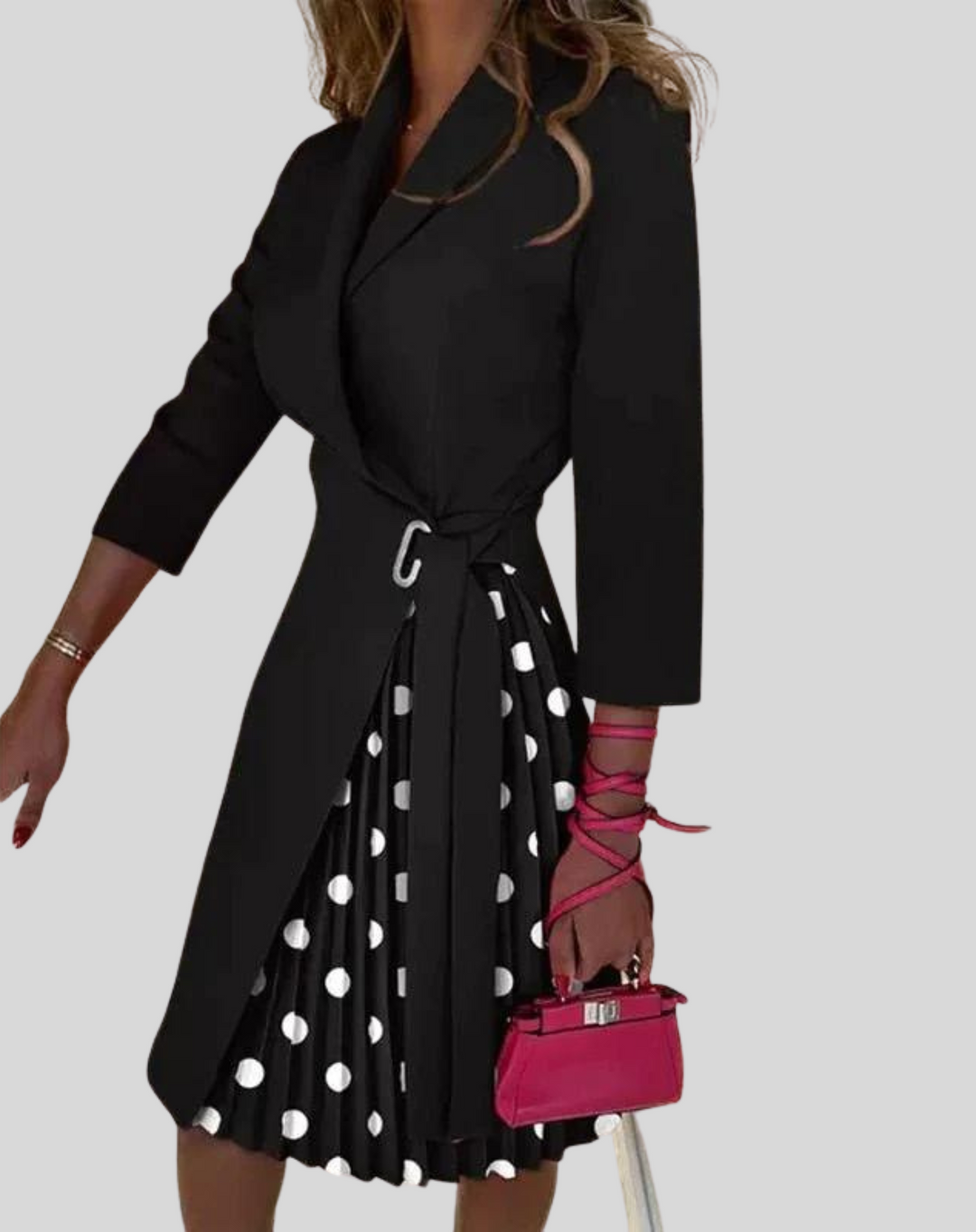 Women's Midi Dress - Pleated Skirt - Asymmetrical Design - Elegant Style Black Dots