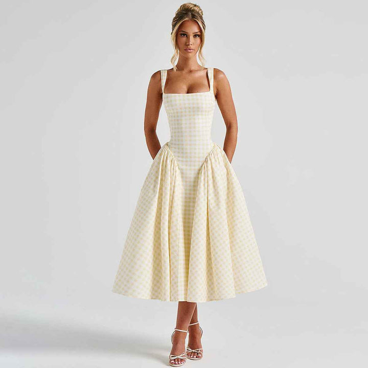 Women's Midi Dress with Square Neckline and Spaghetti Straps – Diamond Pattern Yellow