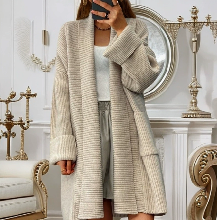 Women's Cotton Blend Knitted Relaxed Fit Winter Cardigan Beige