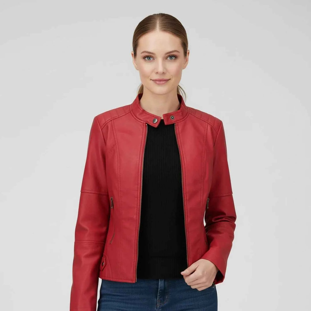 Women's Moto Biker Jacket with Zip Pockets Red