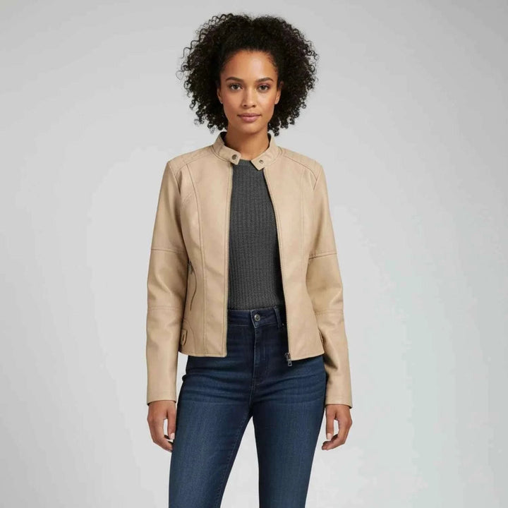 Women's Moto Biker Jacket with Zip Pockets Beige