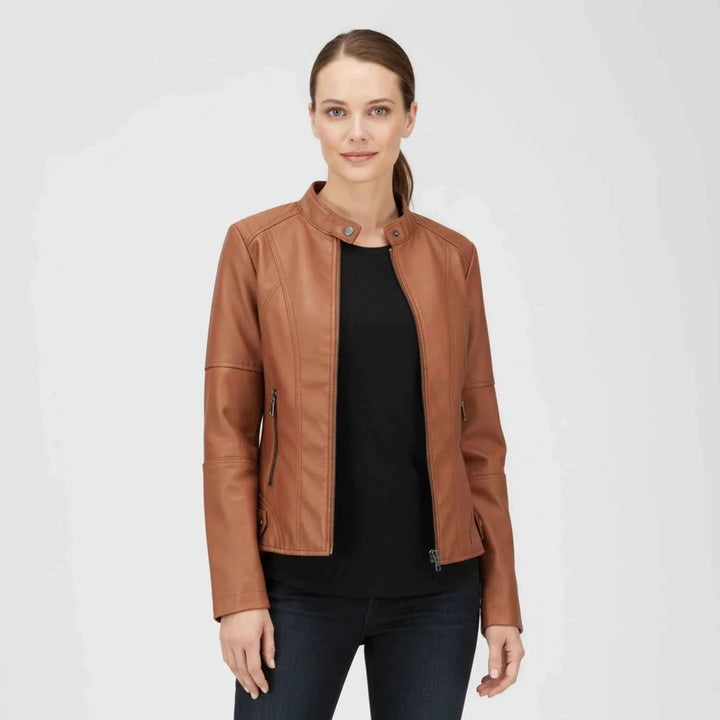 Women's Moto Biker Jacket with Zip Pockets Brown