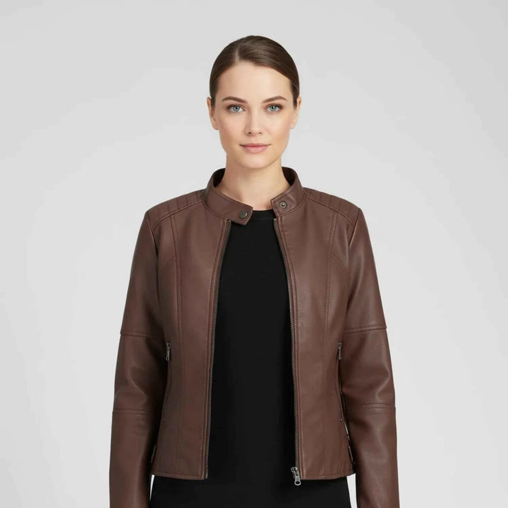 Women's Moto Biker Jacket with Zip Pockets Dark Brown