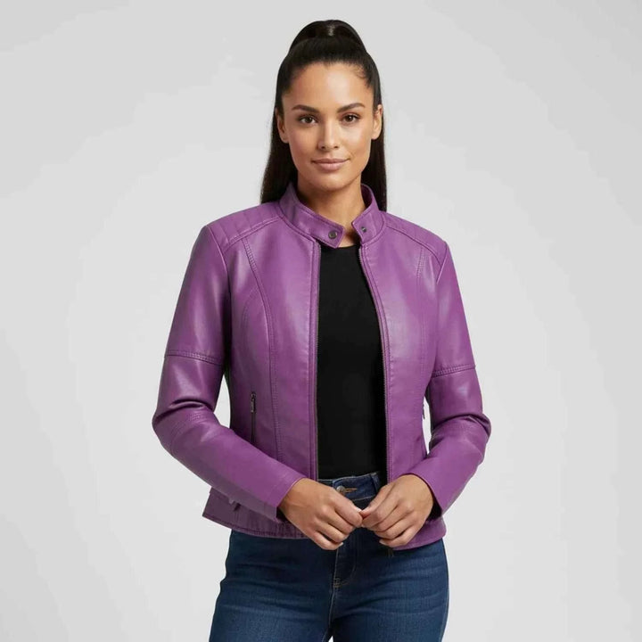 Women's Moto Biker Jacket with Zip Pockets Purple