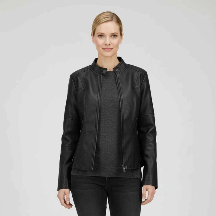 Women's Moto Biker Jacket with Zip Pockets Black