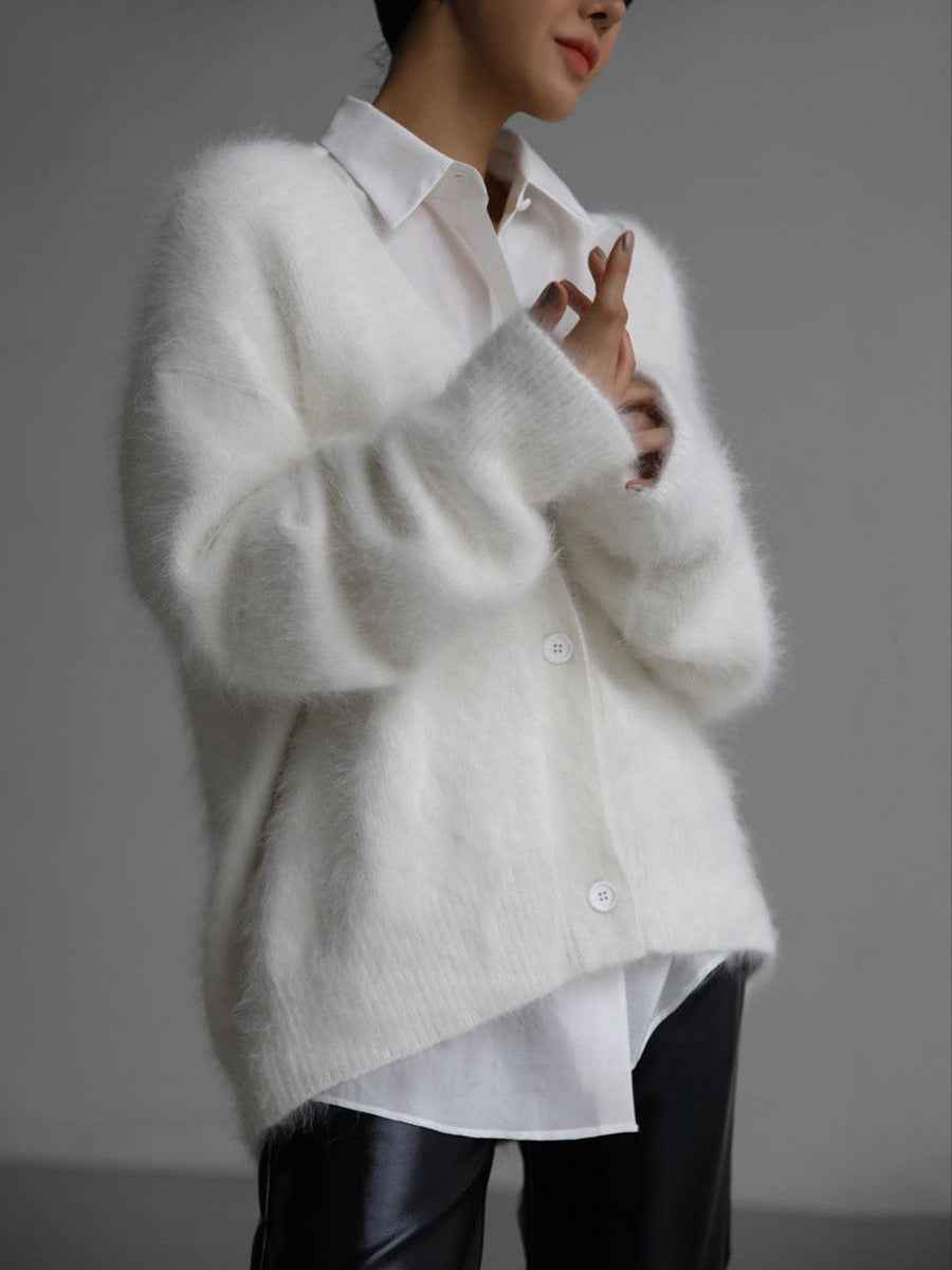 Women's V-neck Oversized Relaxed Fit Cardigan Winter Essential White One-size
