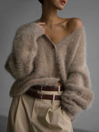 Women's V-neck Oversized Relaxed Fit Cardigan Winter Essential Khaki One-size
