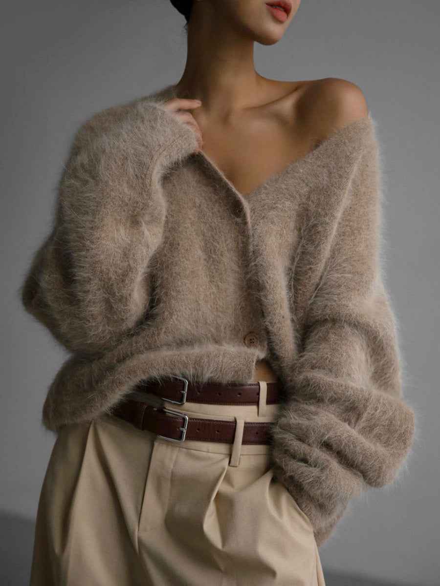 Women's V-neck Oversized Relaxed Fit Cardigan Winter Essential Khaki One-size