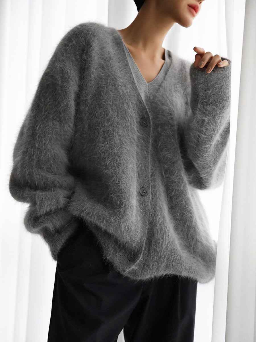 Women's V-neck Oversized Relaxed Fit Cardigan Winter Essential Dark Grey One-size
