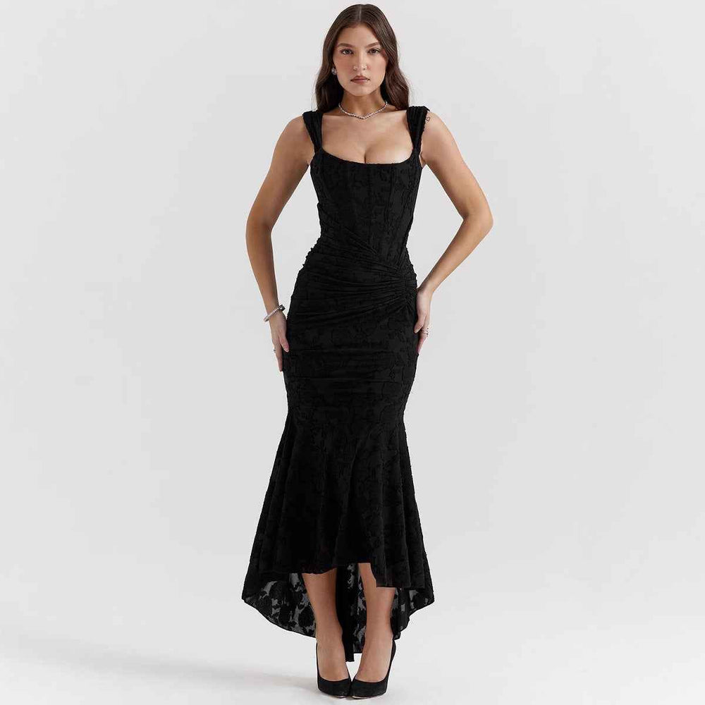 Women's One-Shoulder Satin Evening Dress – Fitted Mermaid Style with Ruffles Black