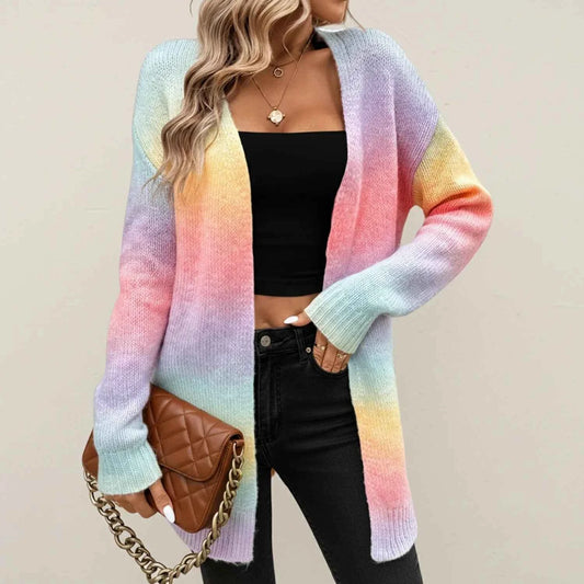 Women's Open Front Knee Length Ombre Long Sleeve Winter Cardigan Multicolored