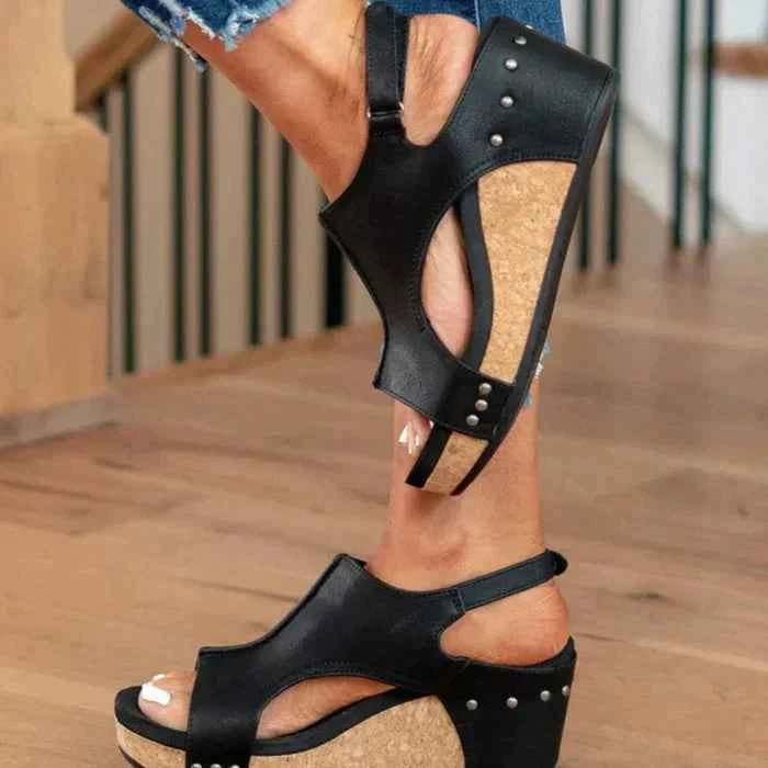 Women's Open-Toe Wedge Sandals with Ankle Strap and Studs