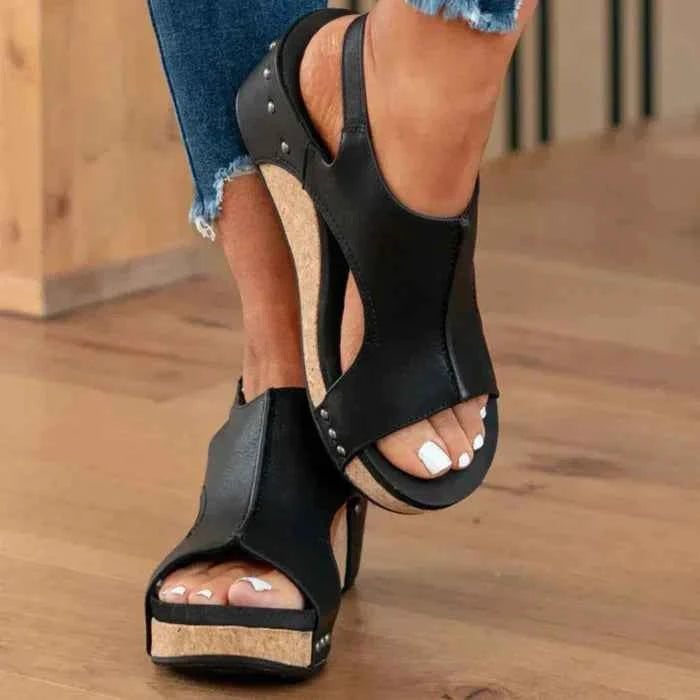 Women's Open-Toe Wedge Sandals with Ankle Strap and Studs