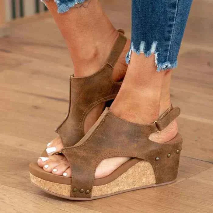 Women's Open-Toe Wedge Sandals with Ankle Strap and Studs