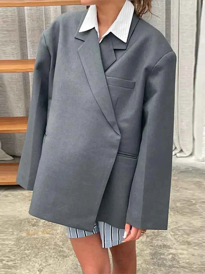 Women's Oversized Blazer – Loose Fit – Textured Fabric – Long Sleeve Smart Casual Jacket Grey