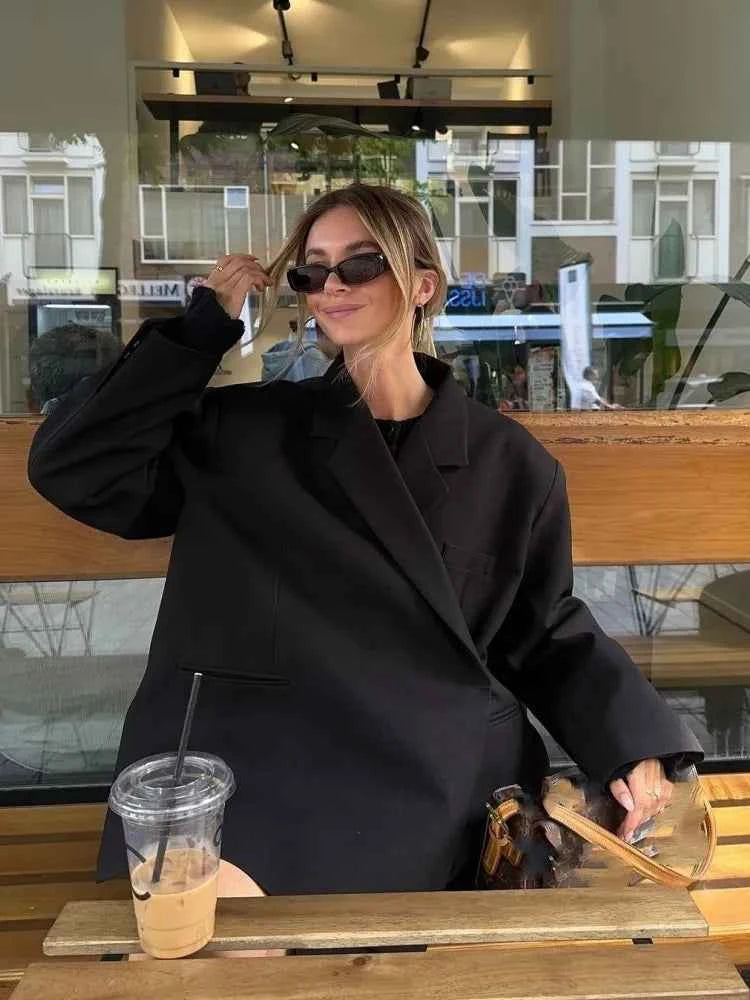 Women's Oversized Blazer – Loose Fit – Textured Fabric – Long Sleeve Smart Casual Jacket Black