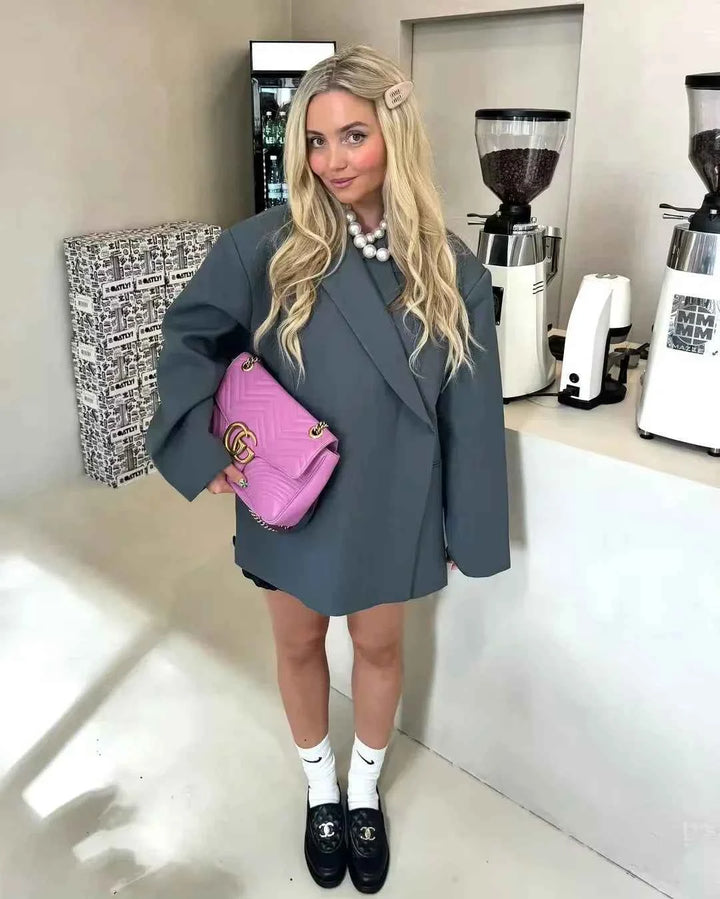 Women's Oversized Blazer – Loose Fit – Textured Fabric – Long Sleeve Smart Casual Jacket