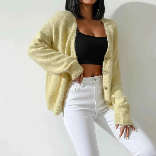 Women's Oversized V-Neck Button-Front Long Sleeve Knit Cardigan