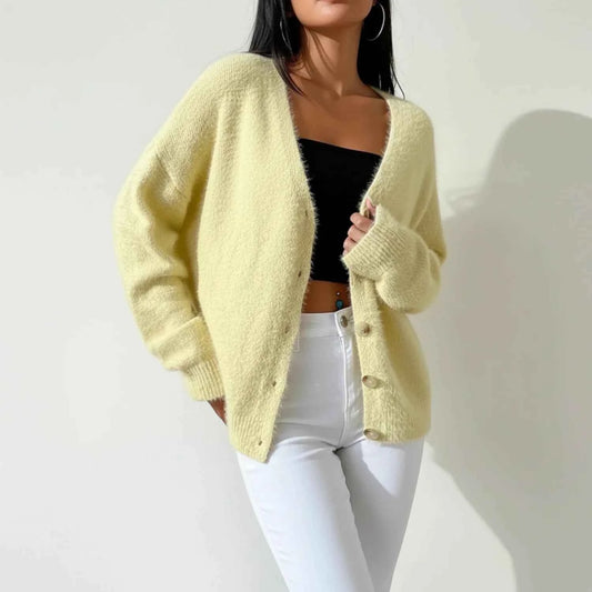 Women's Oversized V-Neck Button-Front Long Sleeve Knit Cardigan Yellow